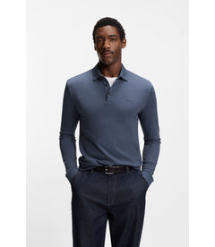 Boss Long Sleeved Polo Shirt In Interlock Cotton With Logo Light Blue