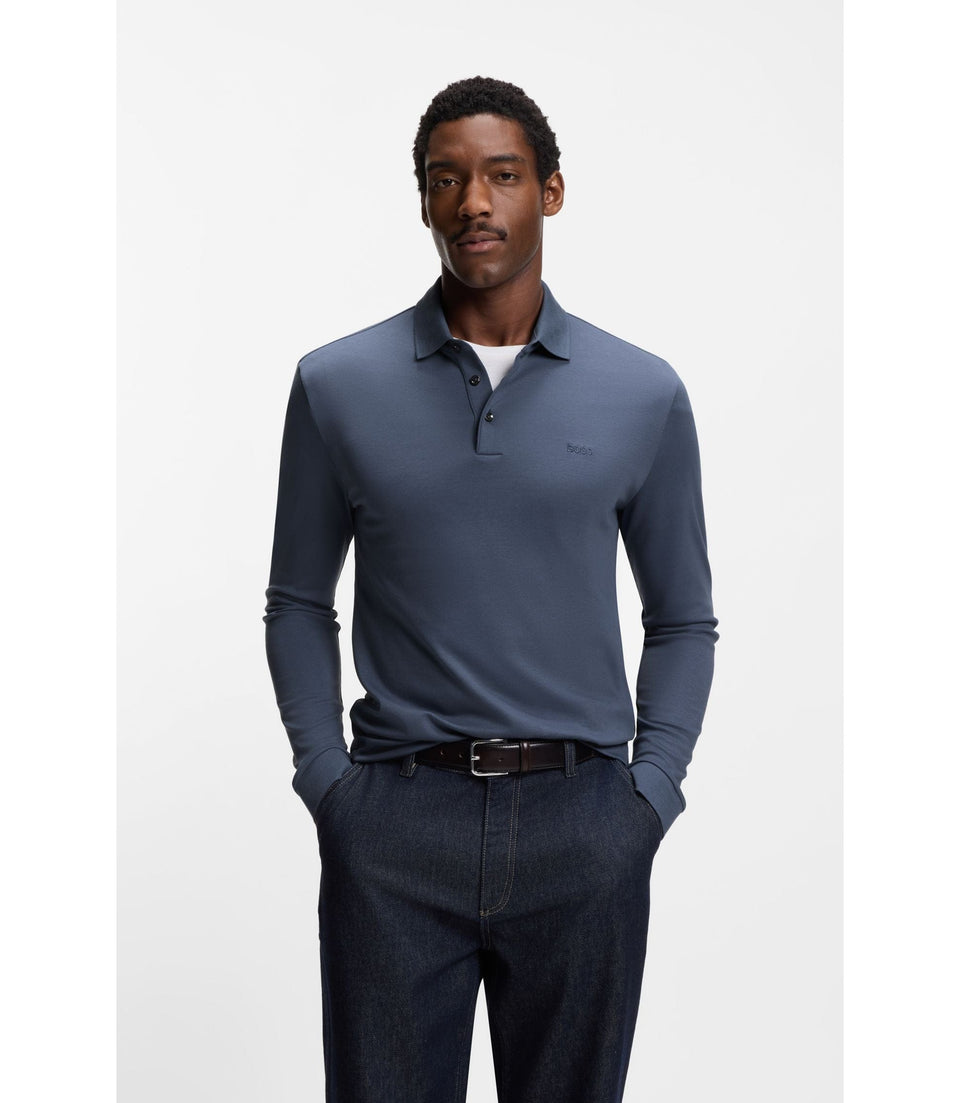 Boss Long Sleeved Polo Shirt In Interlock Cotton With Logo Light Blue