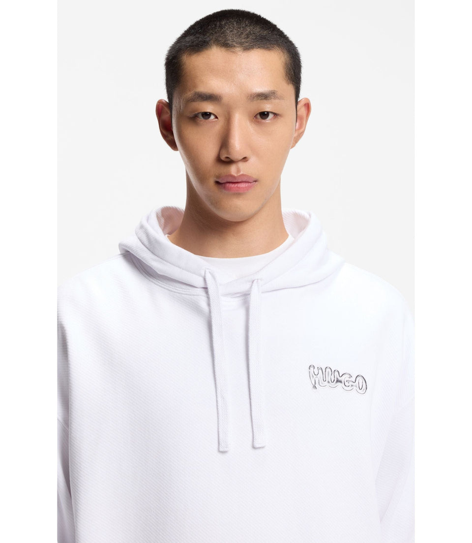 Hugo Logo Print Hoodie In Cotton Terry White