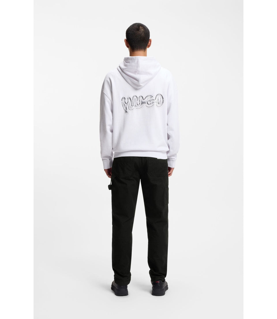 Hugo Logo Print Hoodie In Cotton Terry White