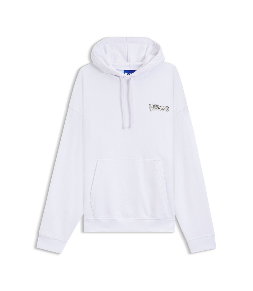Hugo Logo Print Hoodie In Cotton Terry White