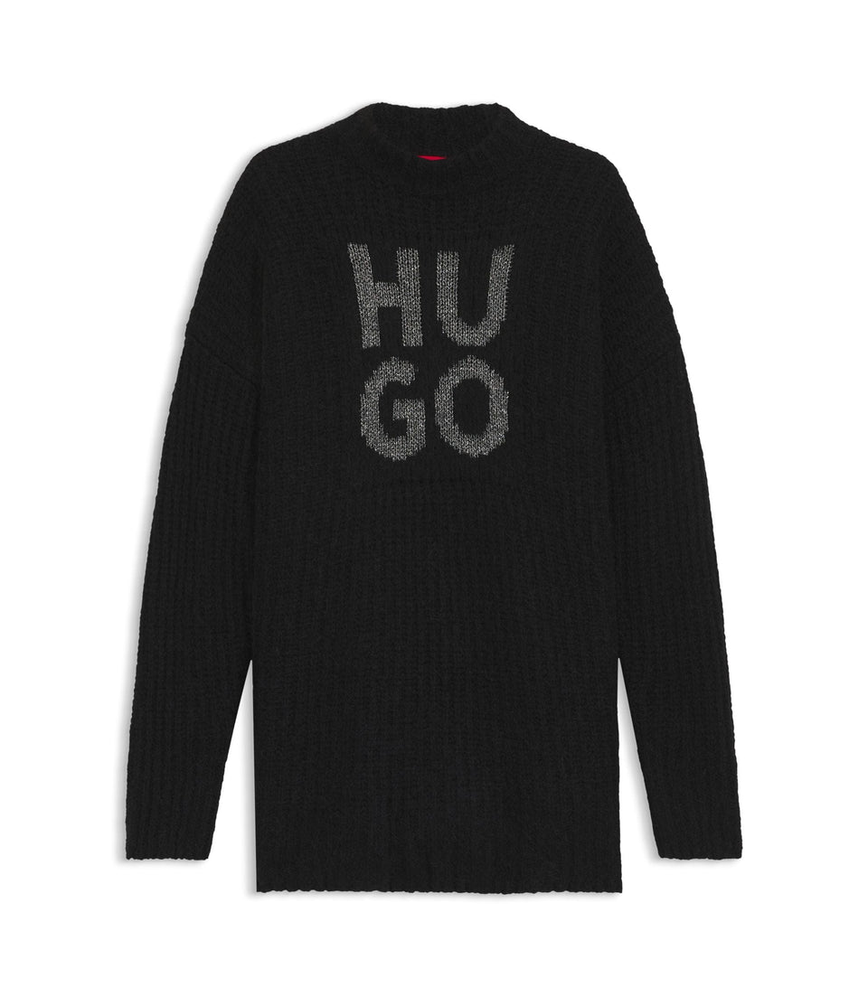 Hugo Knitted Sweater With Sparkling Stacked Logo Black Women's
