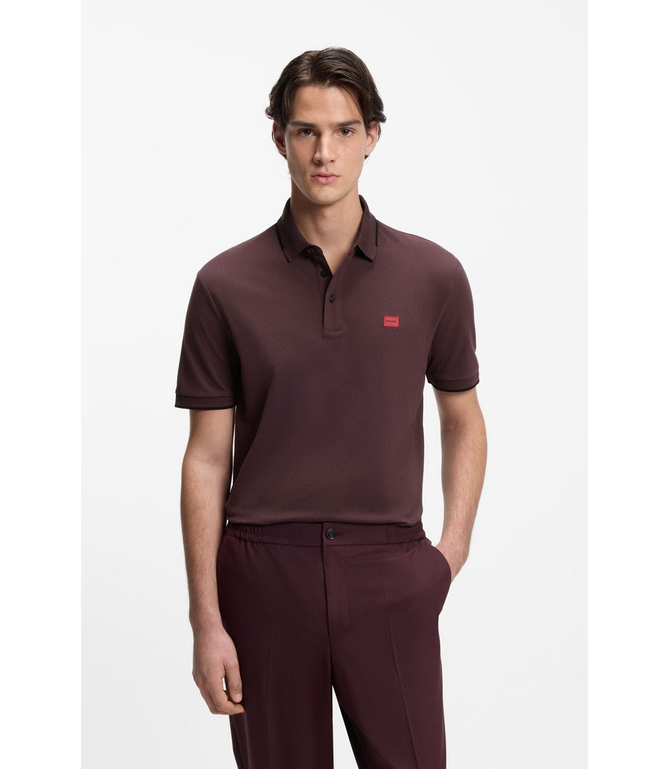 Hugo Cotton Piqu Slim Fit Polo Shirt With Red Logo Label Light Brown