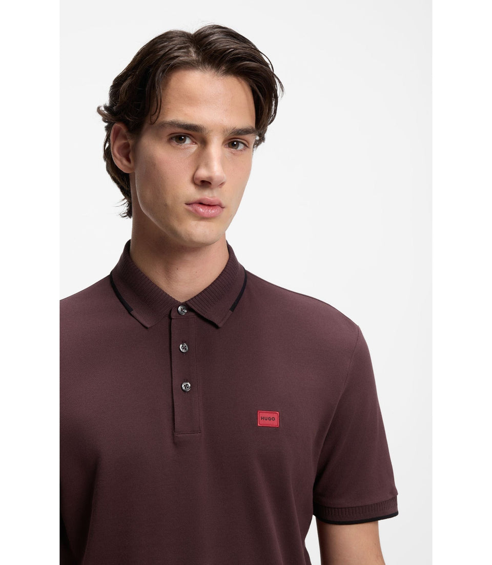 Hugo Cotton Piqu Slim Fit Polo Shirt With Red Logo Label Light Brown