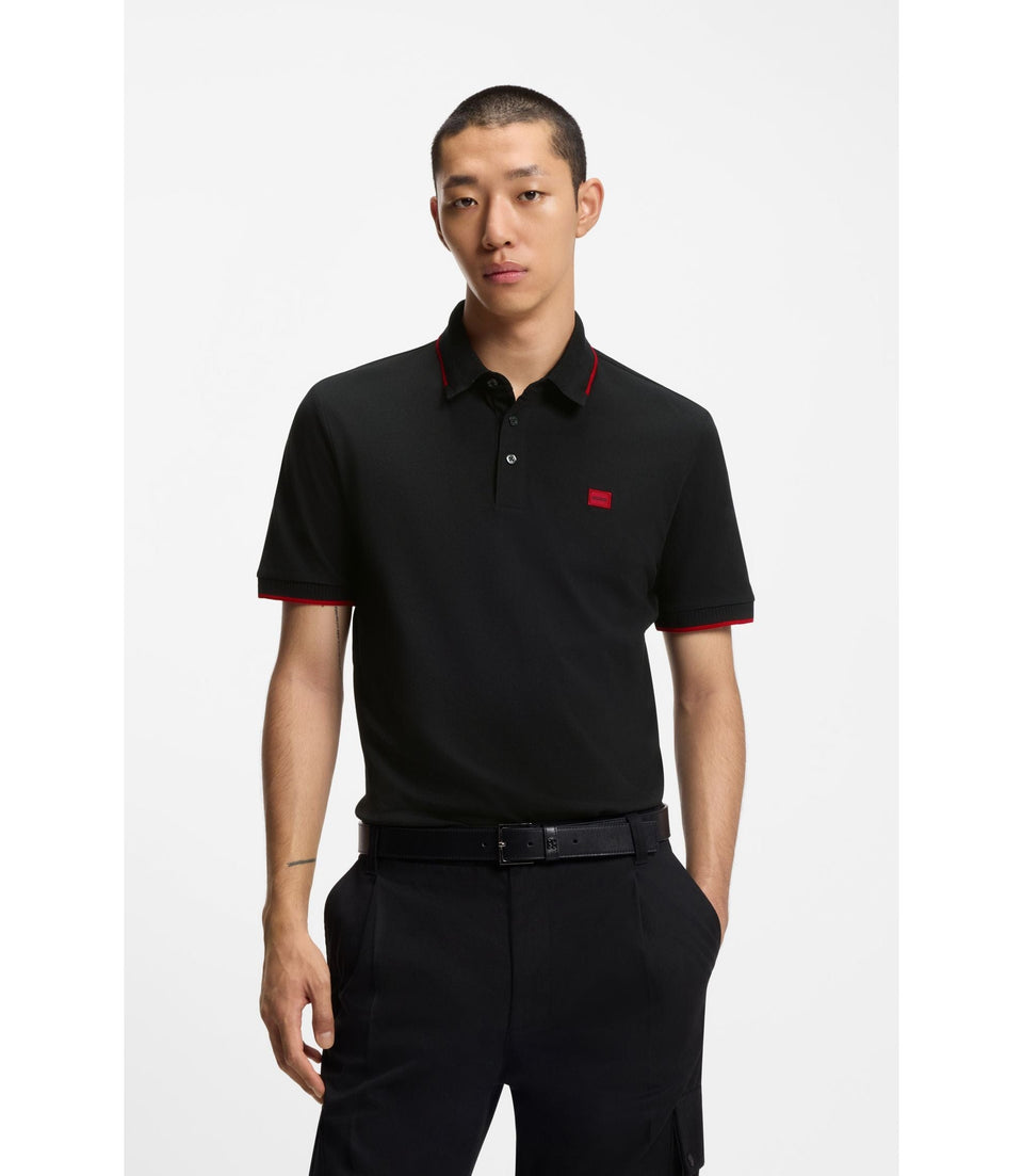 Hugo Cotton Piqu Slim Fit Polo Shirt With Red Logo Label Black