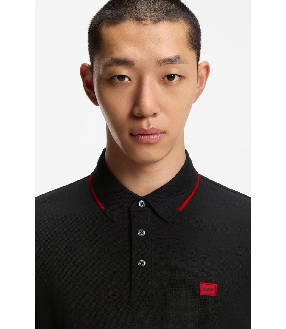 Hugo Cotton Piqu Slim Fit Polo Shirt With Red Logo Label Black