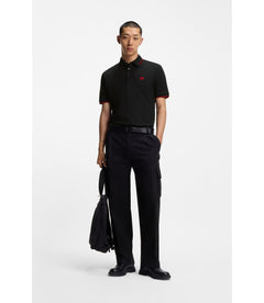 Hugo Cotton Piqu Slim Fit Polo Shirt With Red Logo Label Black