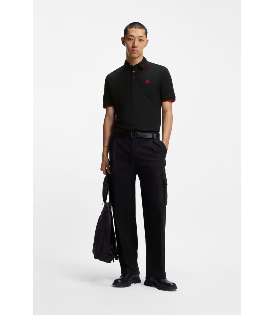 Hugo Cotton Piqu Slim Fit Polo Shirt With Red Logo Label Black