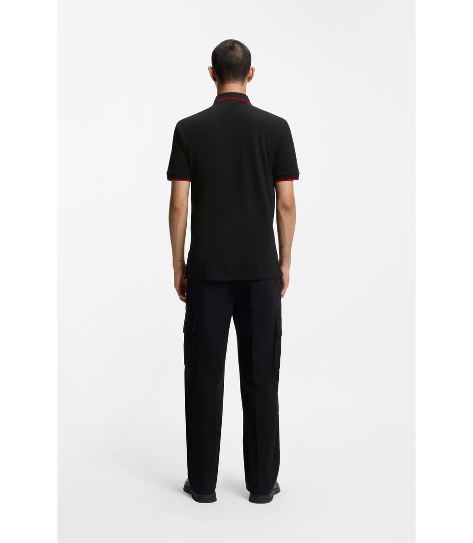 Hugo Cotton Piqu Slim Fit Polo Shirt With Red Logo Label Black