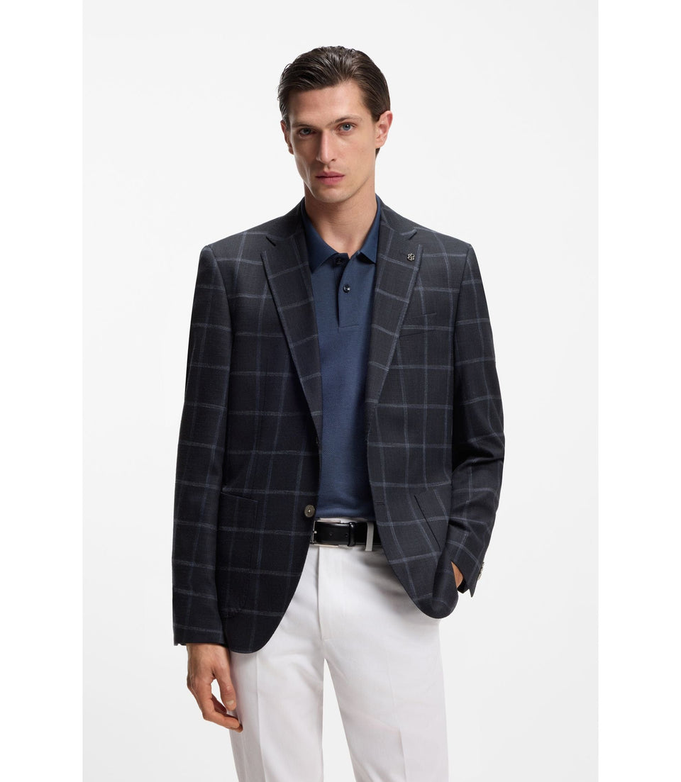 Boss Checked Regular Fit Jacket In Comfort Stretch Cloth Dark Blue