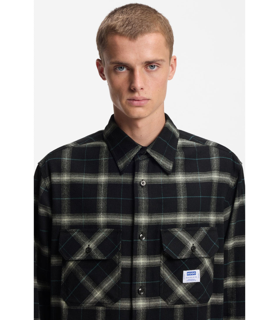 Hugo Checked Oversized Fit Overshirt In Cotton Twill Black