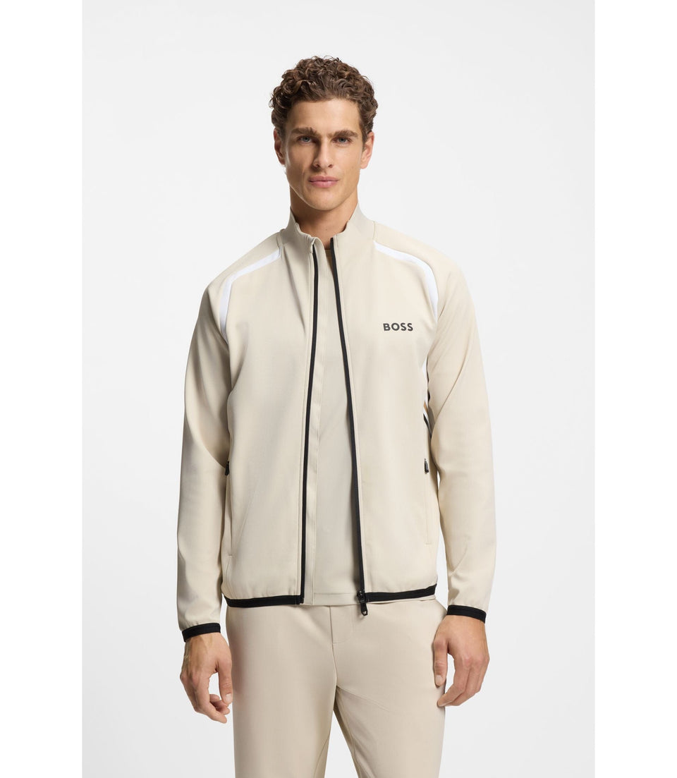 Boss Active Zip Up Sweatshirt In Stretch Gabardine Light Beige