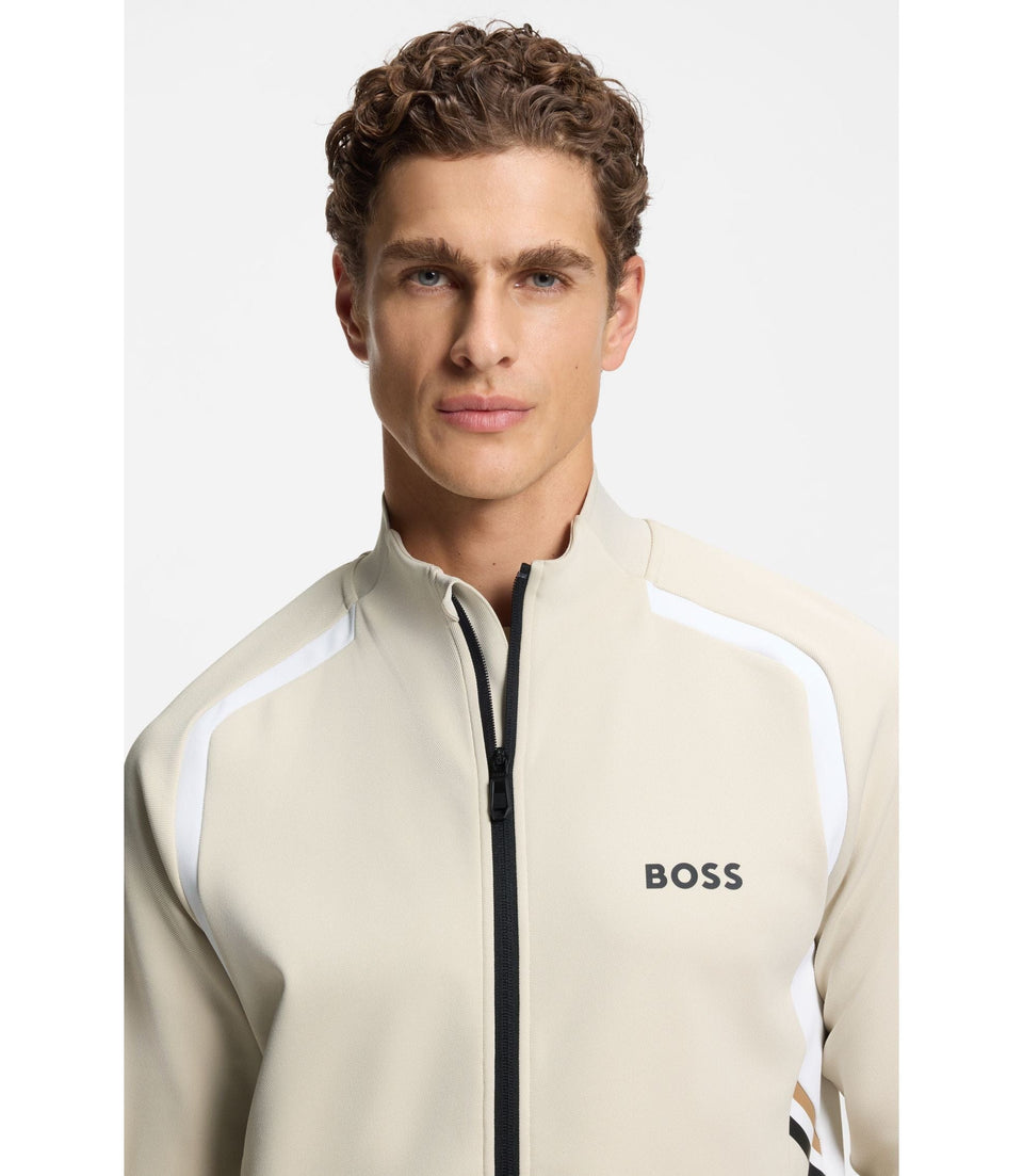 Boss Active Zip Up Sweatshirt In Stretch Gabardine Light Beige