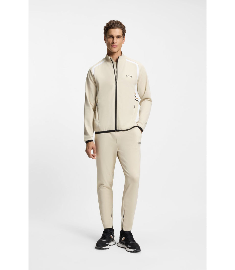 Boss Active Zip Up Sweatshirt In Stretch Gabardine Light Beige