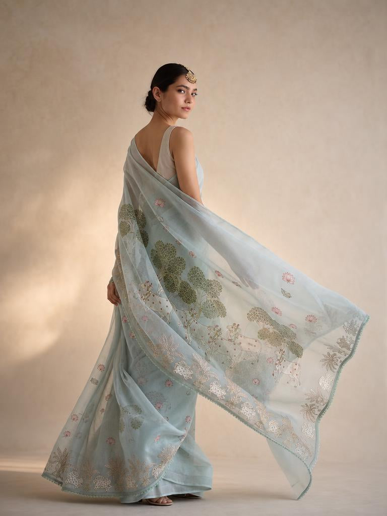 Celestial Mist Organza Saree With Botanical Gold Foil Detailing