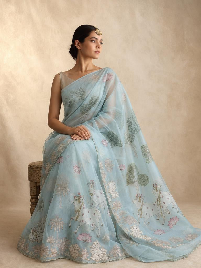 Celestial Mist Organza Saree With Botanical Gold Foil Detailing
