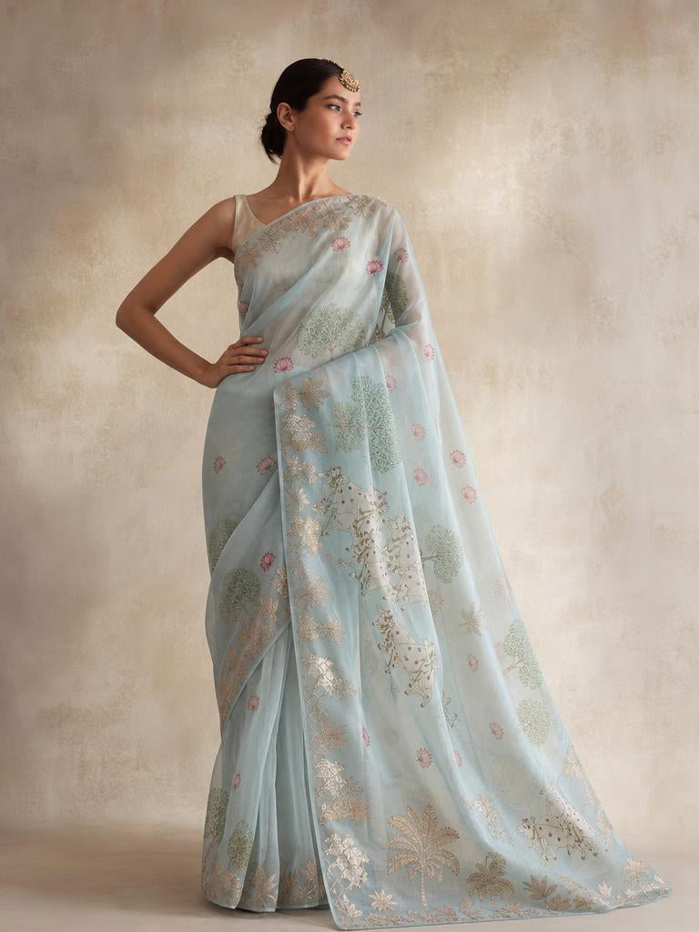 Celestial Mist Organza Saree With Botanical Gold Foil Detailing