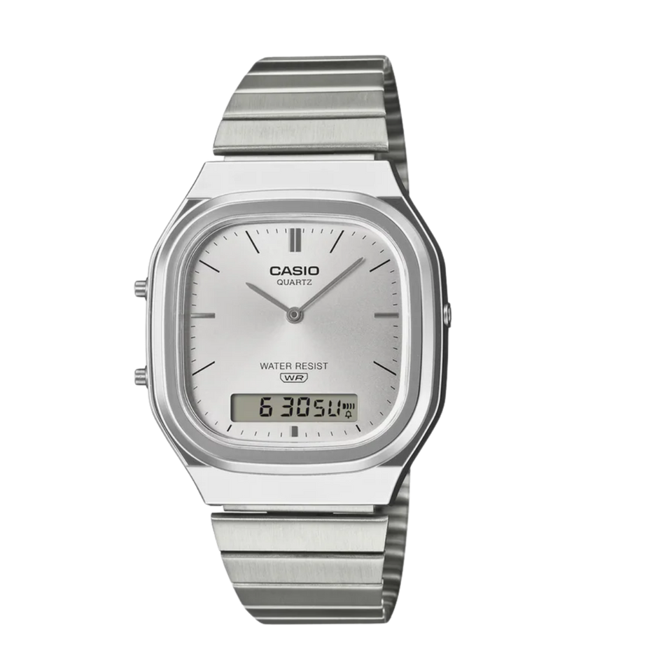Casio Vintage AQ-240E-7A Silver Dial Analog Digital Stainless Steel Watch with Dual Time D420