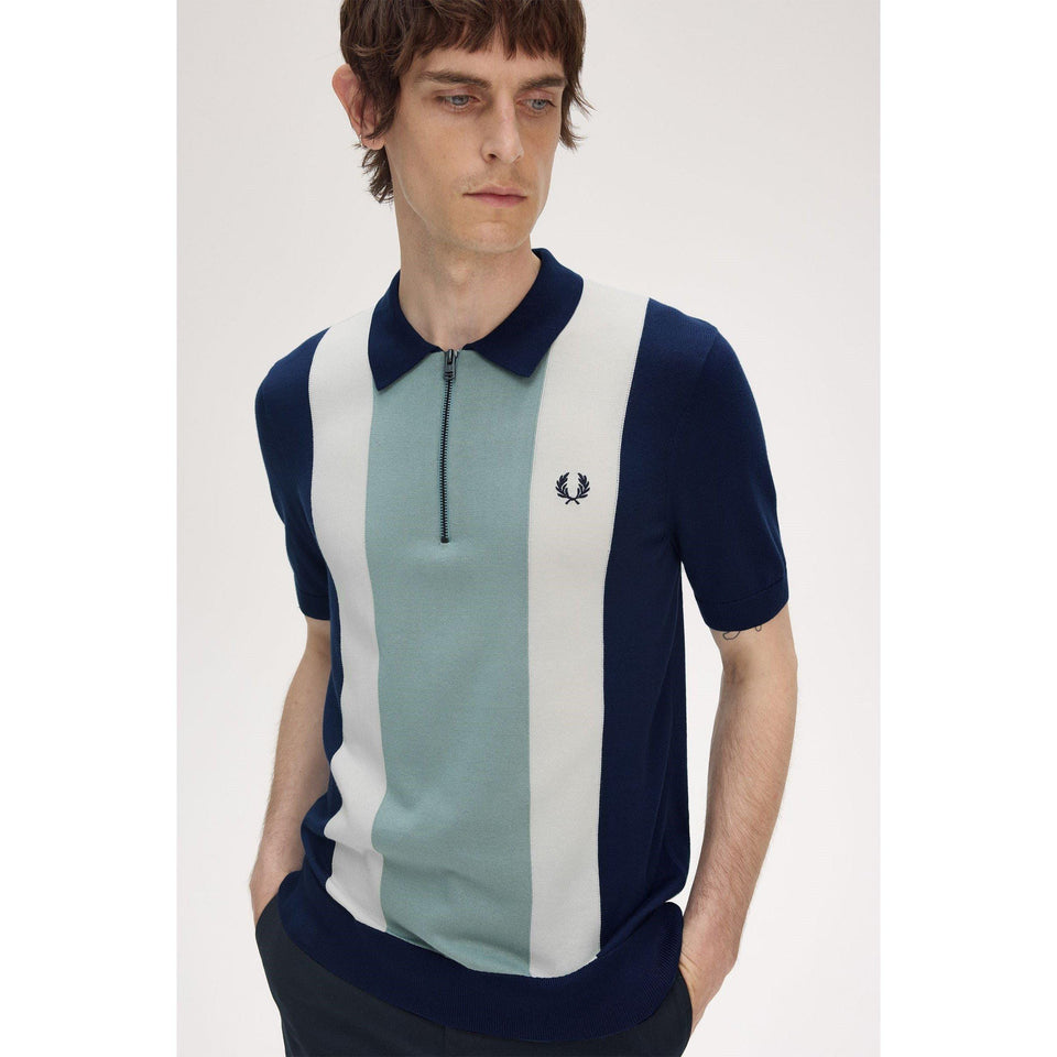 Vertical Stripe Zipped Short-Sleeve Polo Shirt