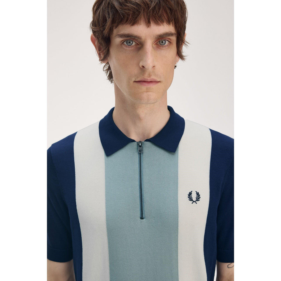 Vertical Stripe Zipped Short-Sleeve Polo Shirt