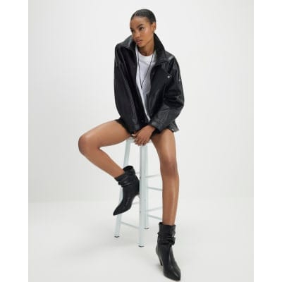 Black Faux Leather Funnel Neck Biker Jacket