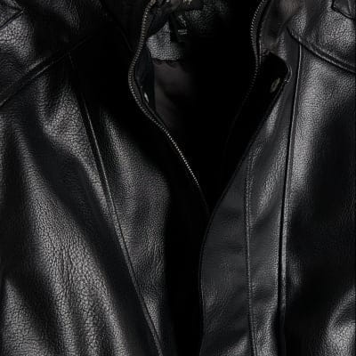 Black Faux Leather Funnel Neck Biker Jacket