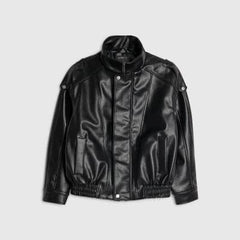 Black Faux Leather Funnel Neck Biker Jacket