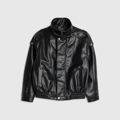 Black Faux Leather Funnel Neck Biker Jacket