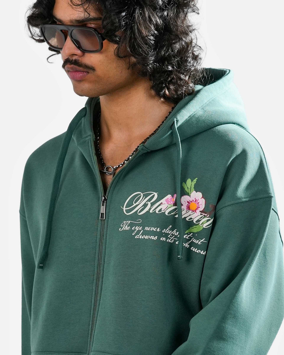 Bloomed Hoodie - Teal Oversized Printed Zipper Hoodie