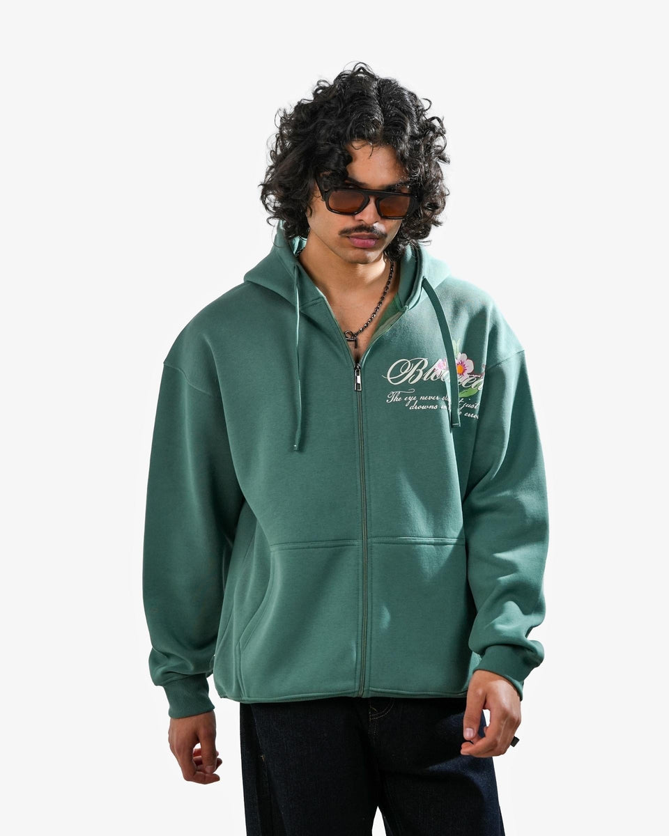 Bloomed Hoodie - Teal Oversized Printed Zipper Hoodie