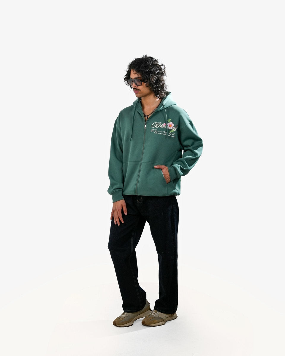 Bloomed Hoodie - Teal Oversized Printed Zipper Hoodie