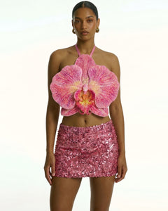 3D Orchid Halter Crop Top - Pink