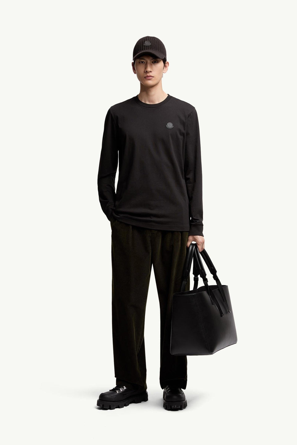 Moncler Leather Logo Long Sleeve Cotton T-Shirt Black Black