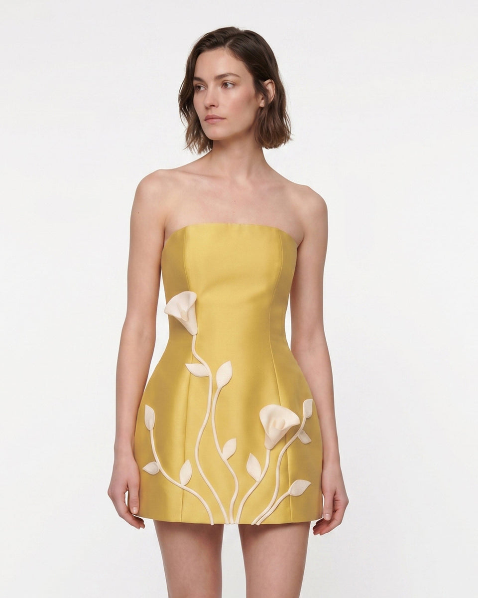 3D Vine Floral Strapless Mini Dress - Olive Green