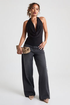 Double Layer Slinky Cowl Neck Lace Trim Top