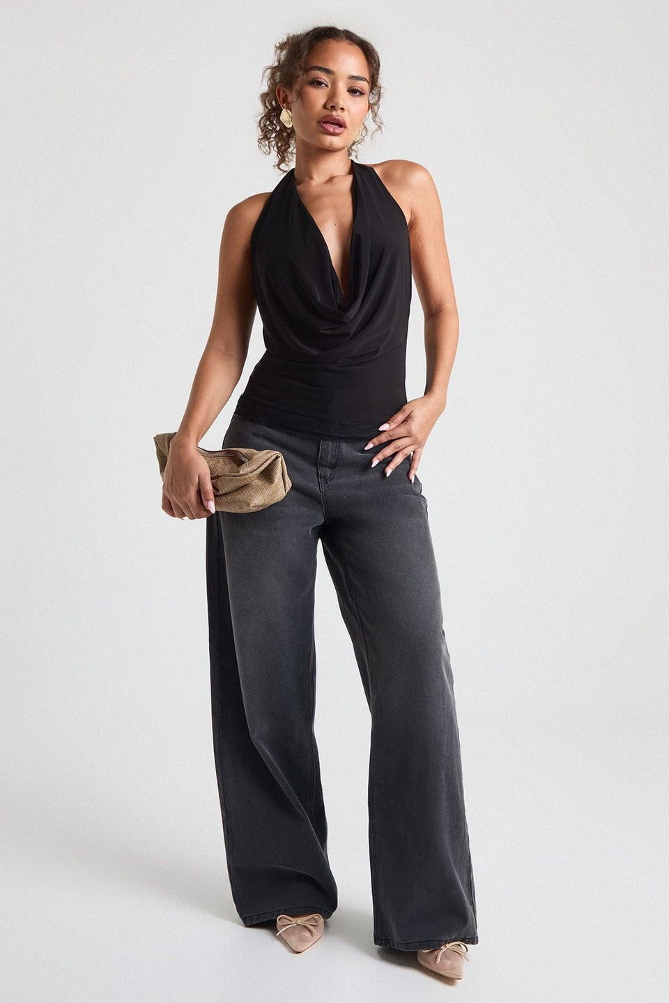 Double Layer Slinky Cowl Neck Lace Trim Top