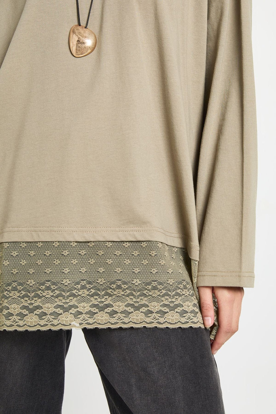Long Sleeve T-shirt with Lace Hem Trim