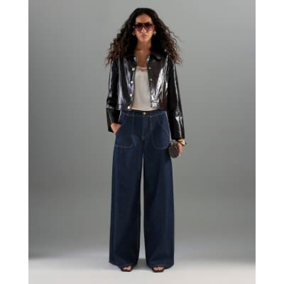 Indigo Mid Rise Tailored Baggy Wide Leg Jeans