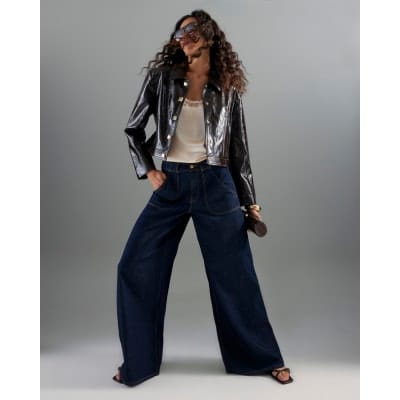 Indigo Mid Rise Tailored Baggy Wide Leg Jeans