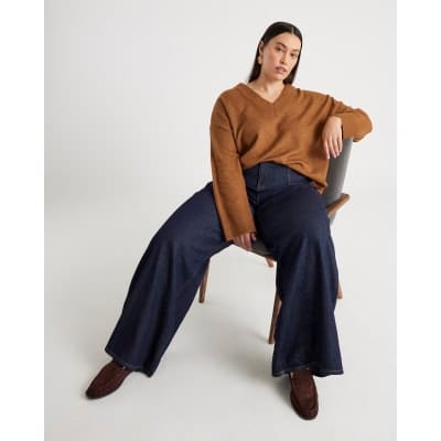 Indigo Mid Rise Tailored Baggy Wide Leg Jeans