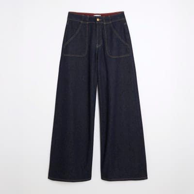 Indigo Mid Rise Tailored Baggy Wide Leg Jeans