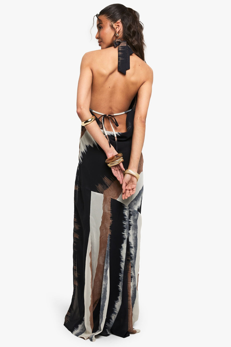 Chiffon Abstract Halter neck Cowl Maxi Dress