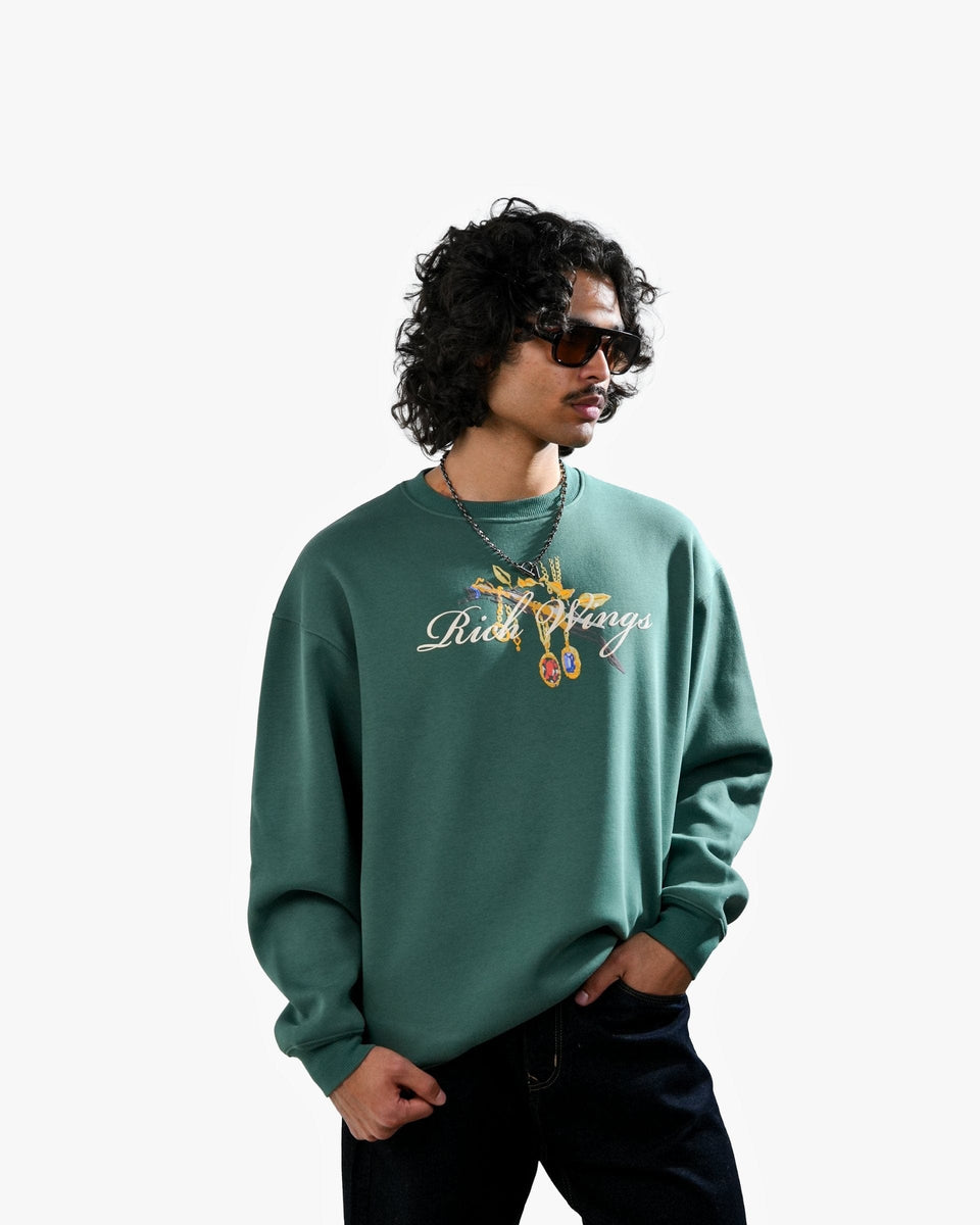 Rich Wings - Teal Oversized Printed Sweatshirt