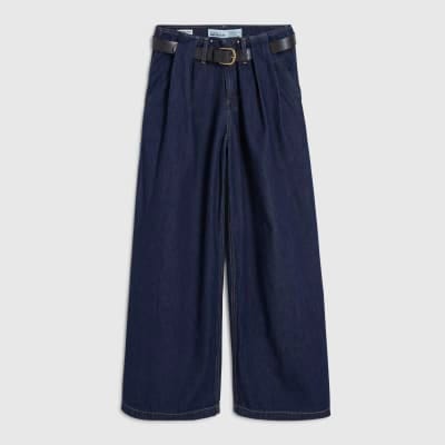 Petite Blue High Rise Pleated Wide Leg Jeans
