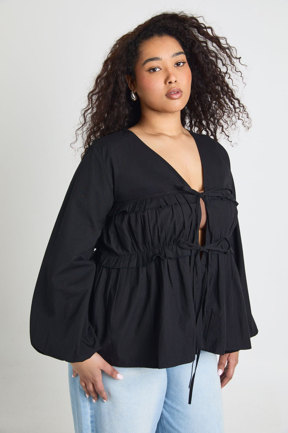 Plus Ruched Tie Front Detail Smock Top