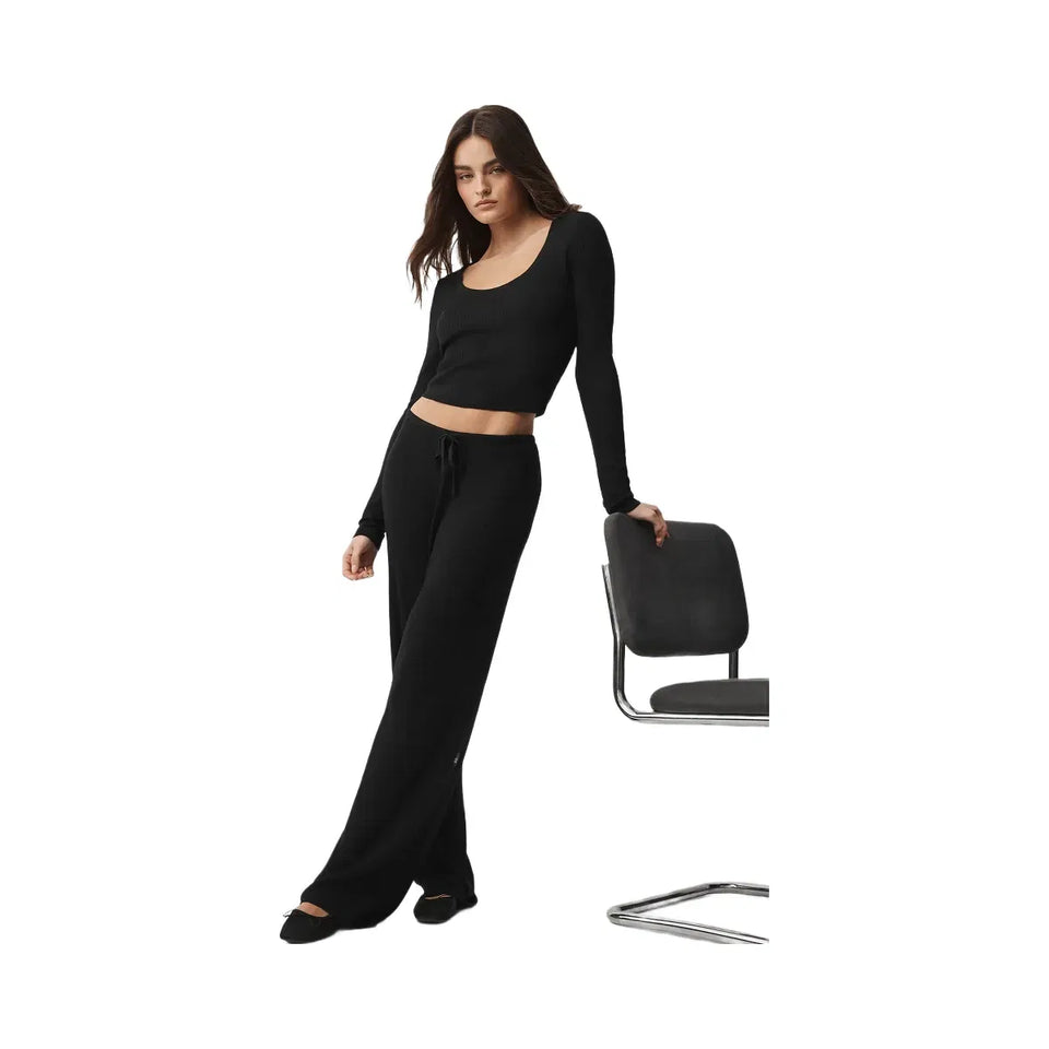 Alo Women's Sweater Knit Mid-Rise Unwind Wide Leg Pant - Black