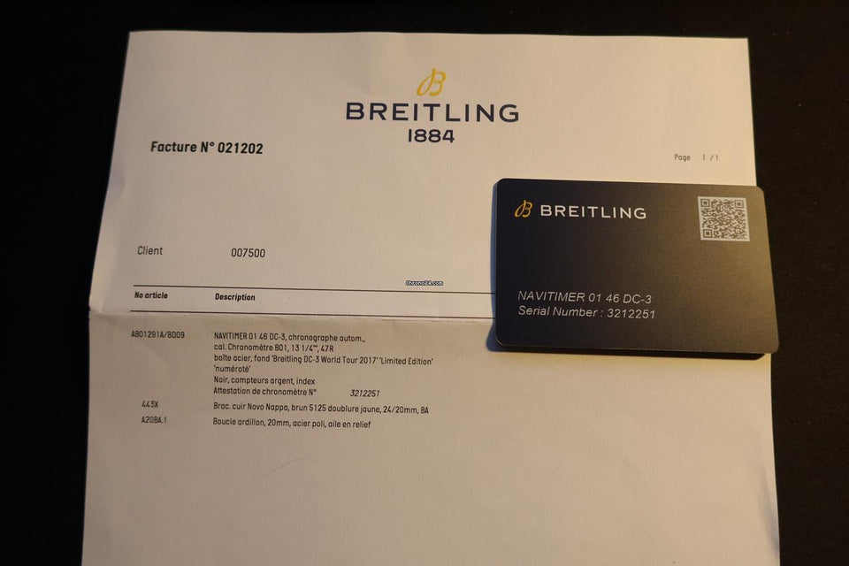 Breitling Navitimer 01 46 DC-3 Chronograph automatique Edition limitée 1/500. set complet neuf jamais portée