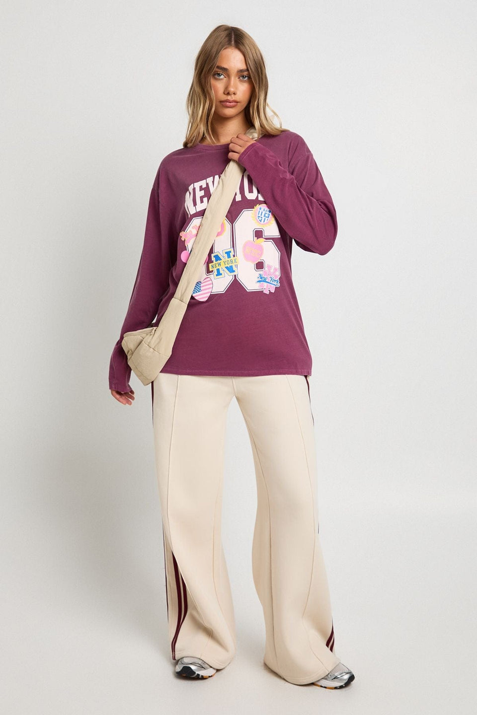 Stickered Varsity Printed Oversized Long Sleeve T-Shirt