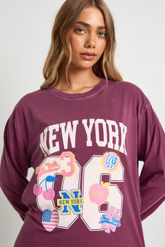 Stickered Varsity Printed Oversized Long Sleeve T-Shirt