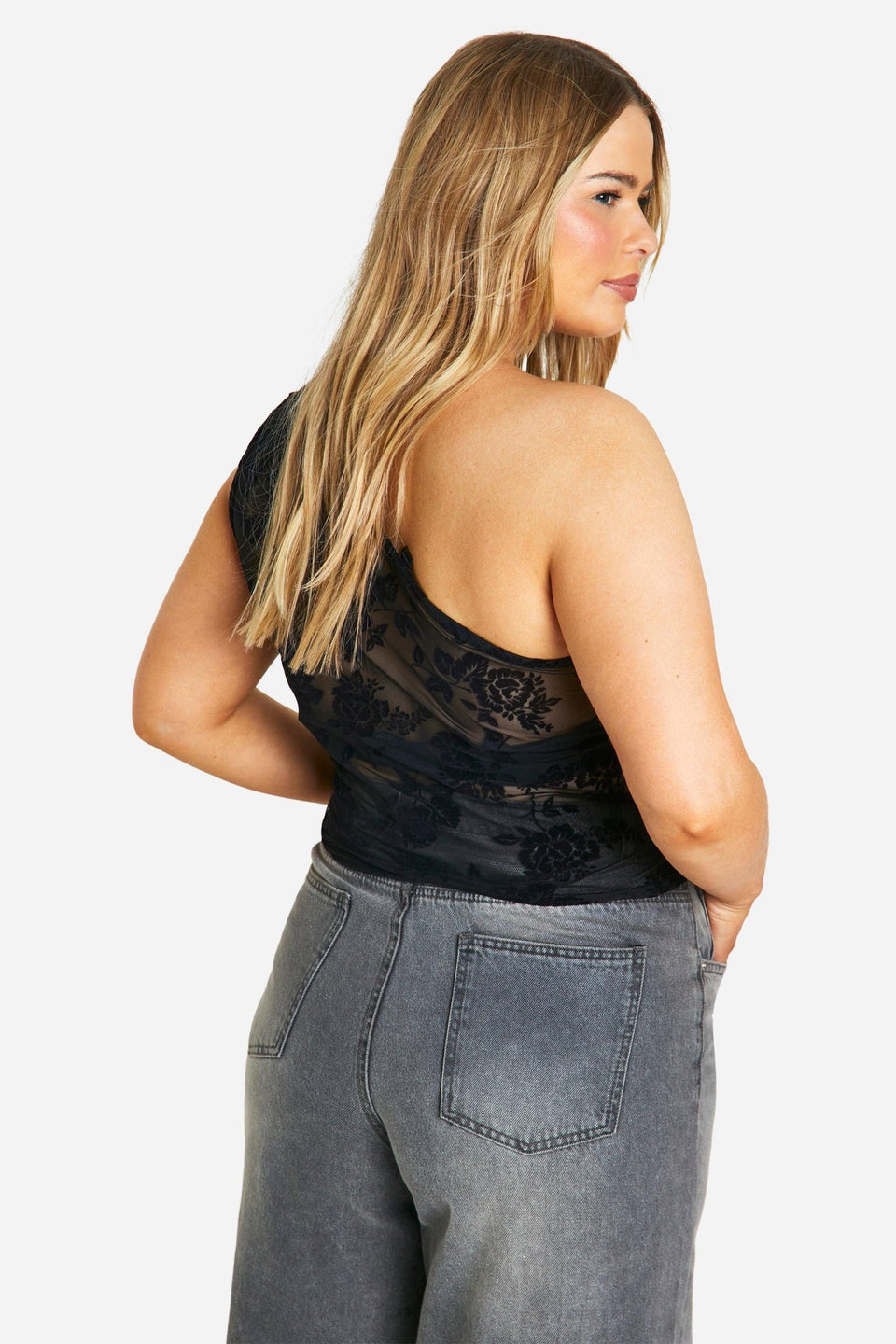 Plus Flocked Floral One Shoulder Top